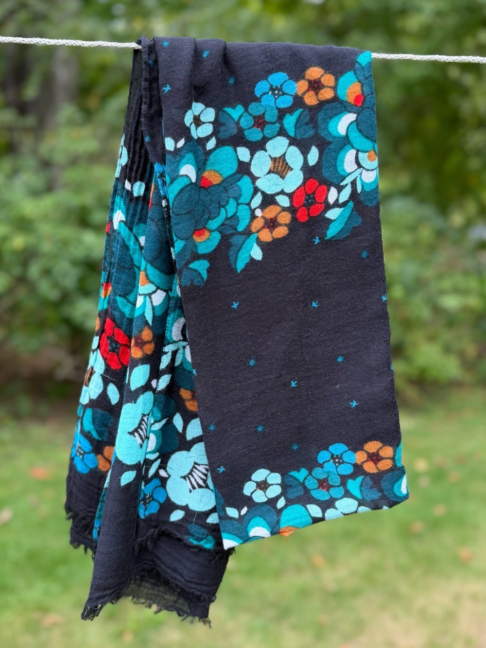 Black & Teal Floral Lightweight Scarf with red/orange accents